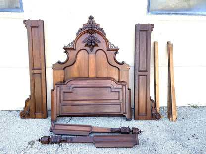 Antique Eastlake Victorian Stately Carved Walnut Highback Full Size Bed Frame