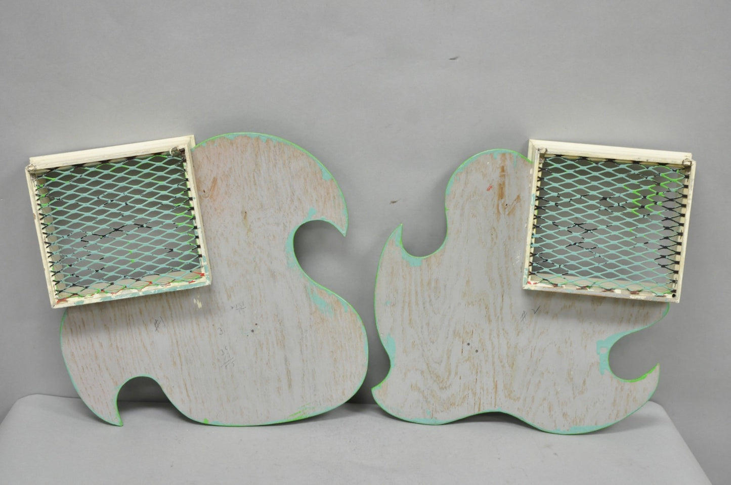 Vintage Mid Century Modern Green Theater Mask Shadowbox Wall Pocket Shelf - Pair