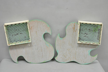 Vintage Mid Century Modern Green Theater Mask Shadowbox Wall Pocket Shelf - Pair