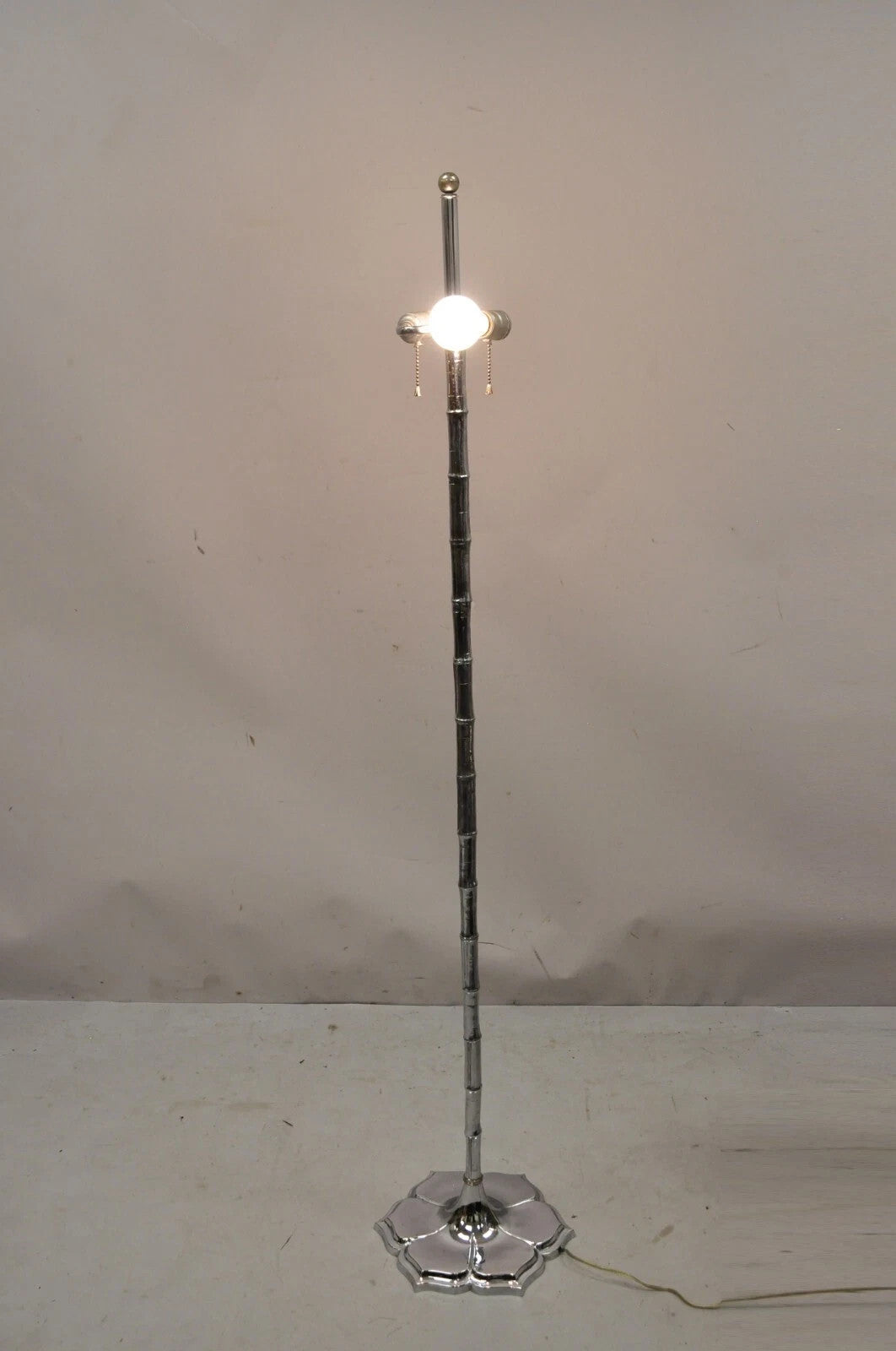 Vintage Hollywood Regency Faux Bois Bamboo Chrome Lotus Base Pole Floor Lamp