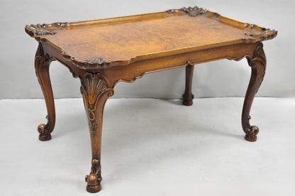 Antique English Georgian Style Burl Walnut Shell Carved Scalloped Coffee Table