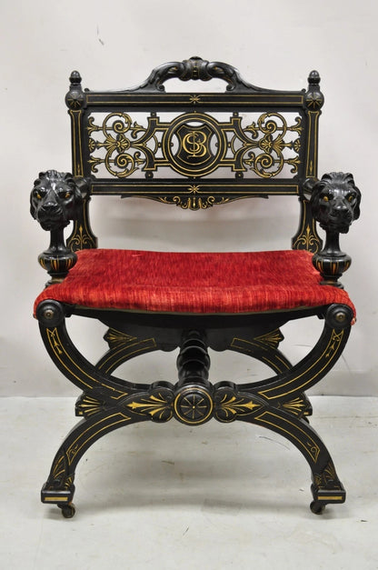 Antique Victorian Aesthetic Movement Ebonized Curule Throne Arm Chair with Lions