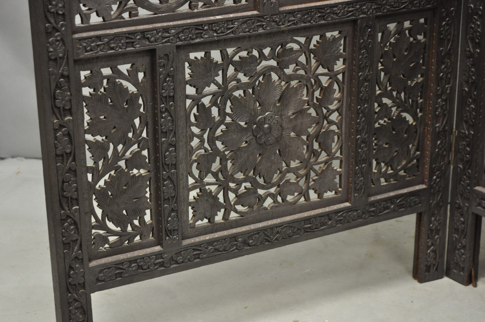 Vintage Anglo Indian Carved Teak Wood 4 Panel Room Divider Folding Screen