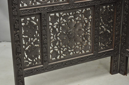 Vintage Anglo Indian Carved Teak Wood 4 Panel Room Divider Folding Screen