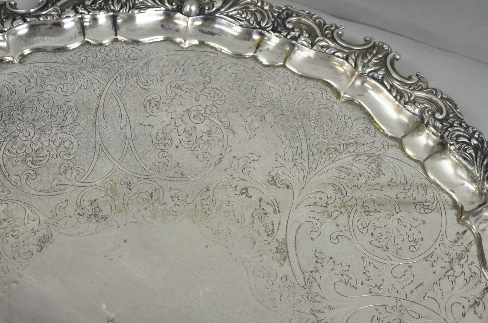 Antique English Victorian 22" Round Silver Plated Serving Platter Salver Tray