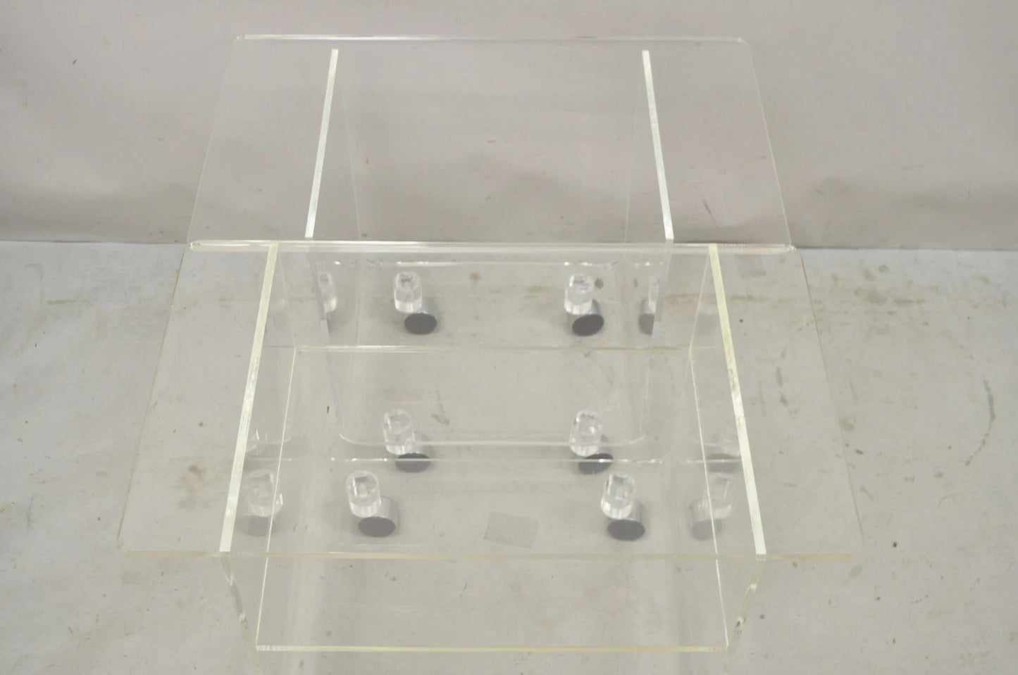 Vintage Clear Lucite Acrylic Mid Century Modern Rolling Side Tables - a Pair
