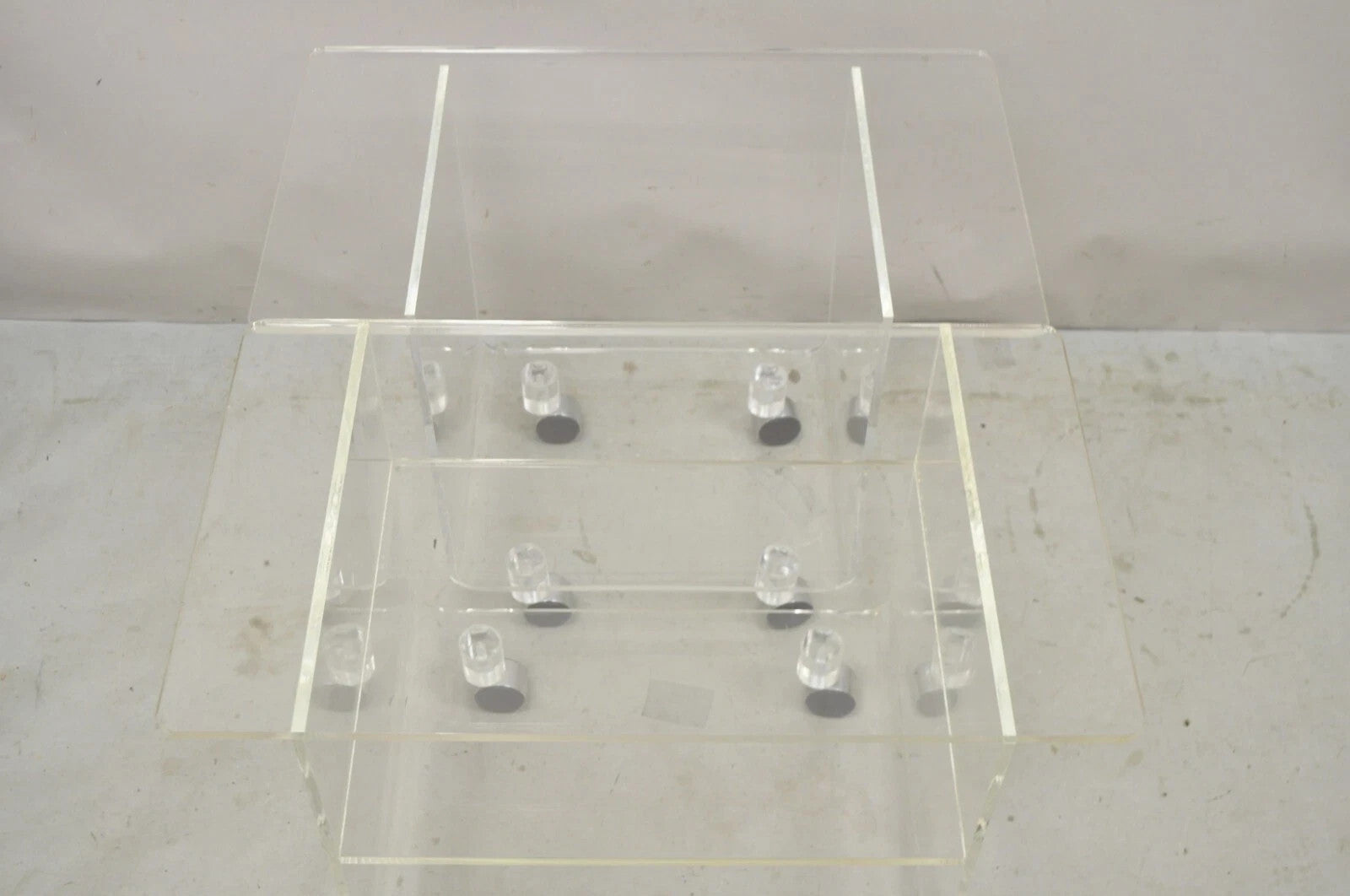 Vintage Clear Lucite Acrylic Mid Century Modern Rolling Side Tables - a Pair
