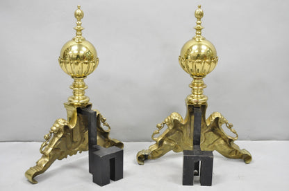 French Empire Renaissance Brass Lion Coat of Arms Cannonball Andirons - a Pair