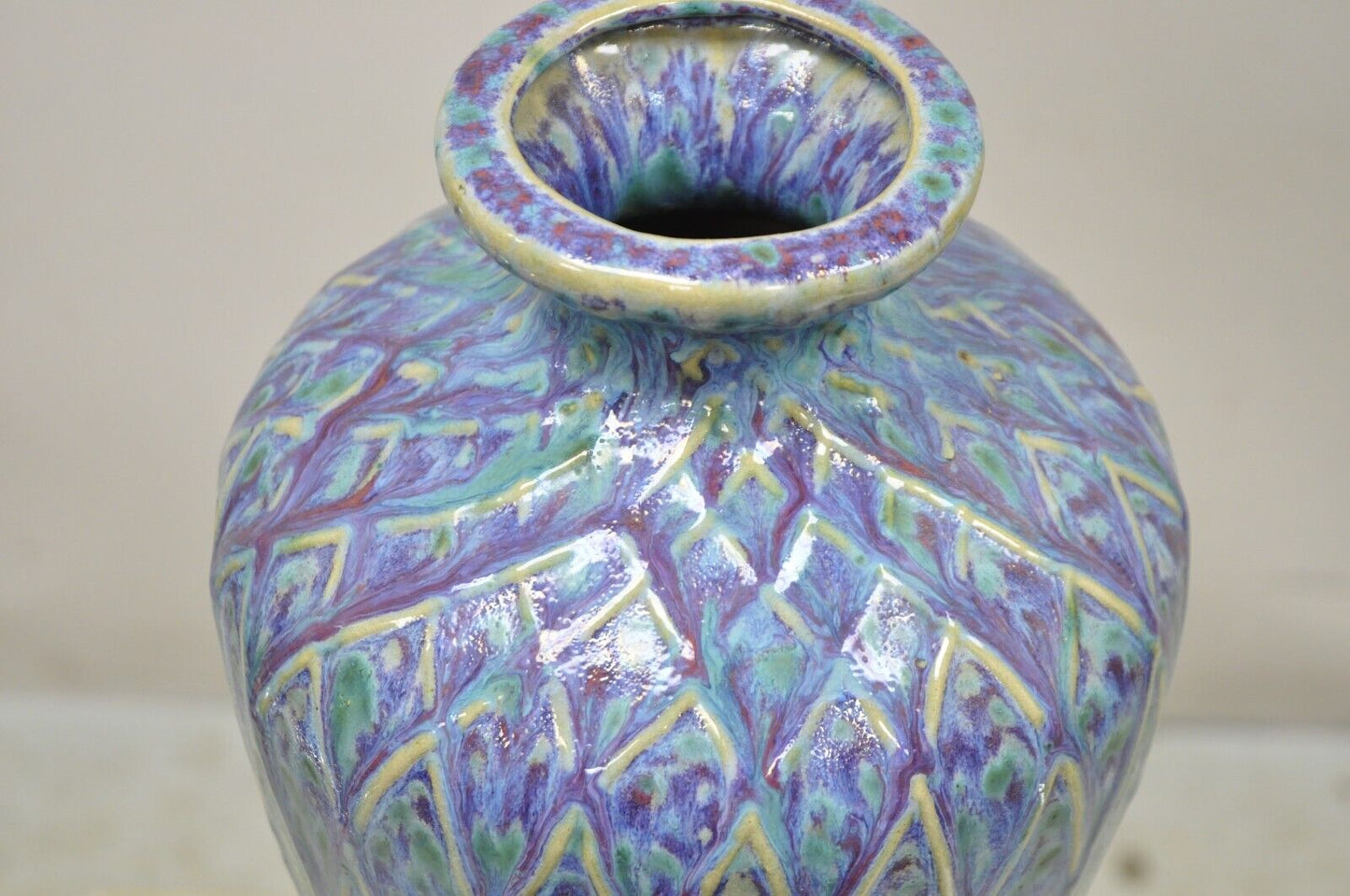 Mid Century Modern Ceramic Pottery Glazed Feather Pulled 20" Purple Blue Vase