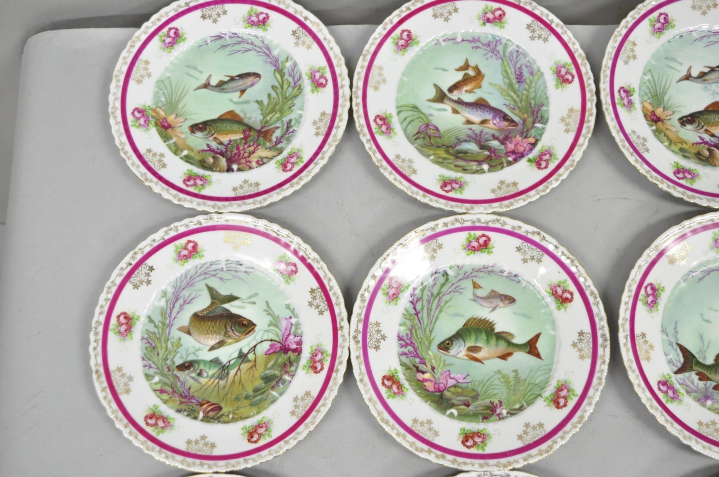(12) Victoria Carlsbad Austria 8 3/8" Porcelain Fish Plates & Gravy Sauce Boat