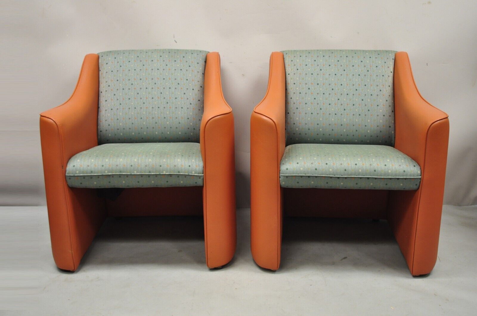 Modern Orange Upholstered Green Polka Dot Club Lounge Chairs - a Pair