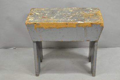 Antique French Country Primitive Gray Painted Paint Splattered Work Bench Stool