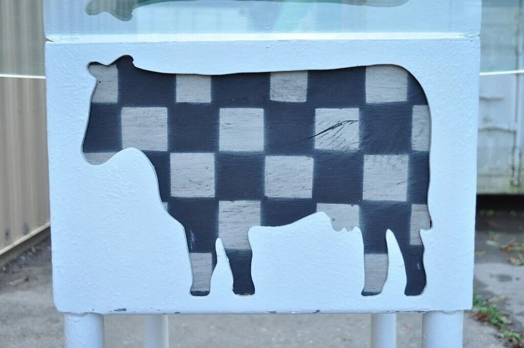 Farmhouse "Butcher" Cow & Pig Painted White & Black Metal & Glass Dining Table