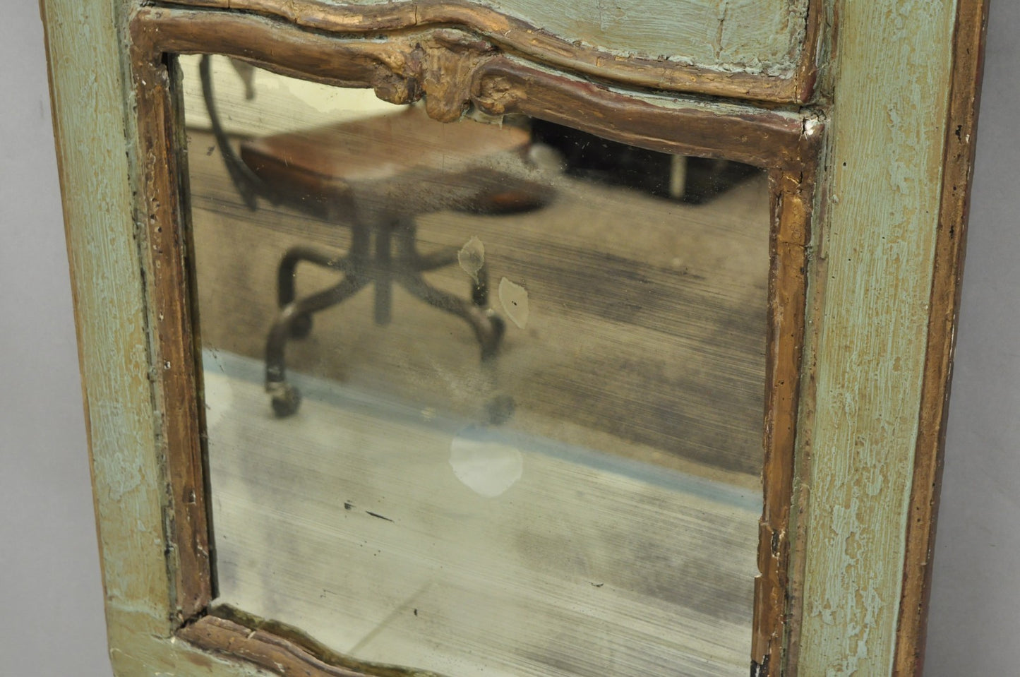18th C French Louis XV Baroque Style Green Distress Painted Trumeau Wall Mirror