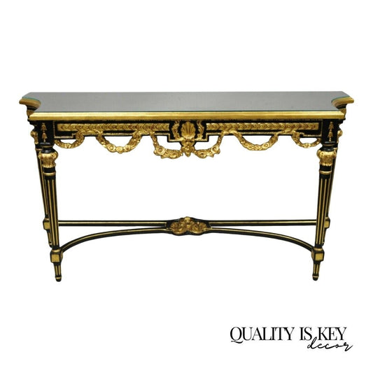 Labarge French Louis XVI Italian Black Lacquer Gold Gilt Jansen Console Table