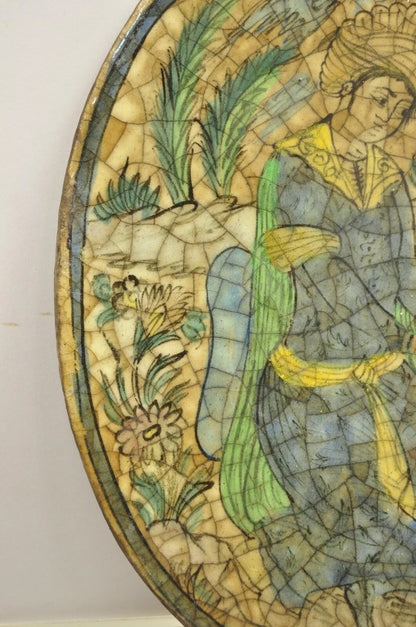 Antique Persian Iznik Qajar Style Ceramic Pottery Oval Tile Kneeling Woman C3