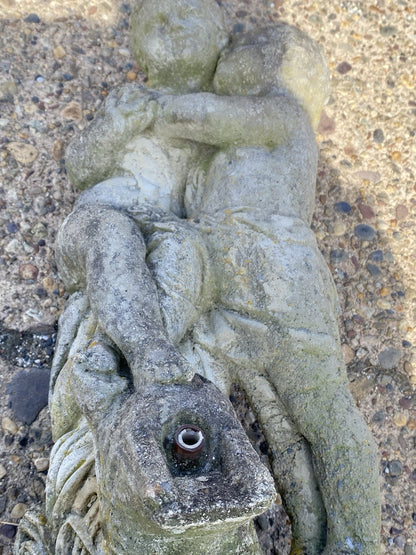 French Neoclassical Small Concrete Figural Cherub Garden Statue Water Fountain