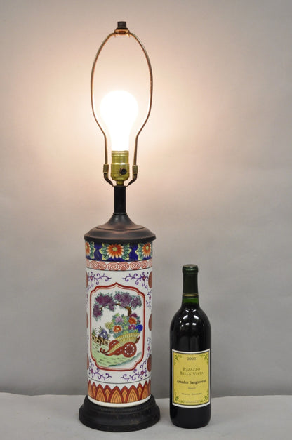 Vintage Chinoiserie Japanese Porcelain Cylinder Oriental Painted Table Lamp