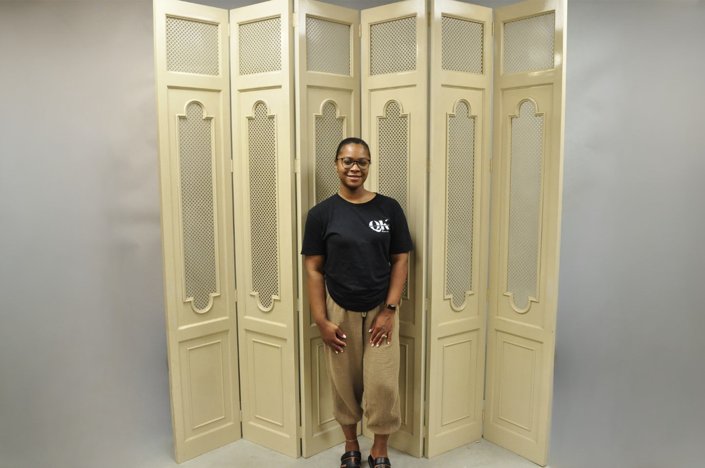 Vintage Lrg Hollywood Regency 92" Tall 6 Panel Bone Lacquer Room Divider Screen