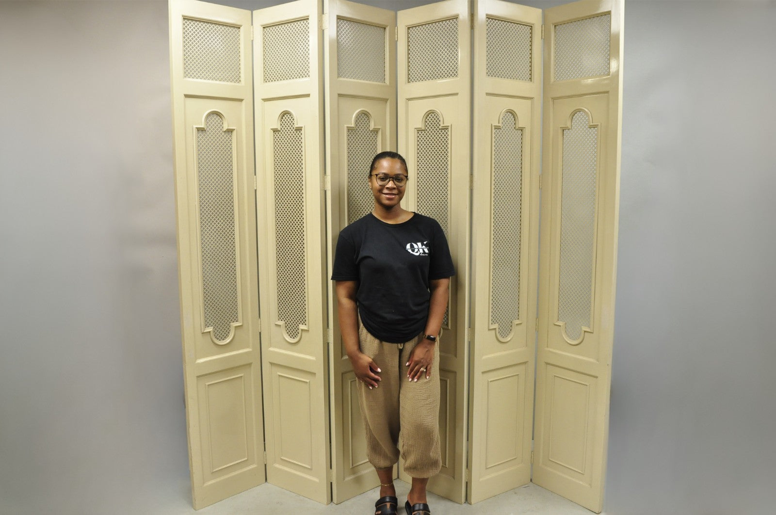 Vintage Lrg Hollywood Regency 92" Tall 6 Panel Bone Lacquer Room Divider Screen