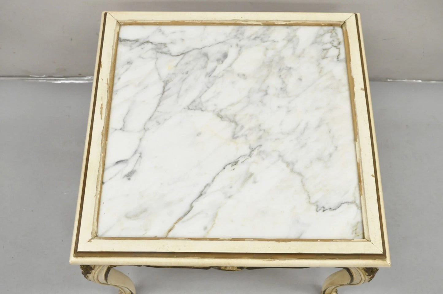 Vintage French Louis XV Style White Painted Marble Top Low Square Coffee Table