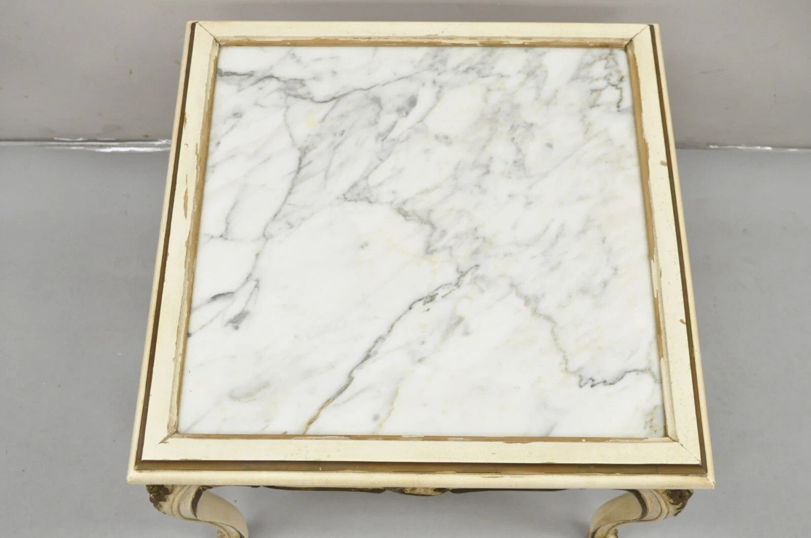 Vintage French Louis XV Style White Painted Marble Top Low Square Coffee Table