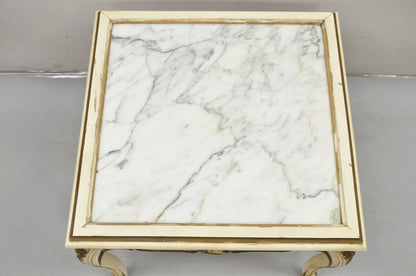Vintage French Louis XV Style White Painted Marble Top Low Square Coffee Table