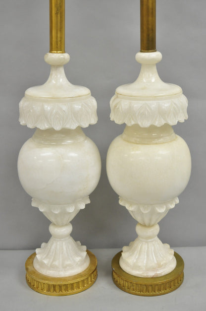 Neoclassical Large Carved Solid Alabaster Marble Leaf Bulbous Table Lamps Pair