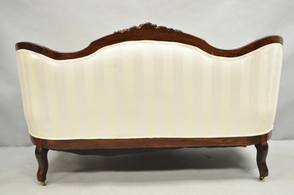 Antique Victorian French Rococo Carved Mahogany Upholstered Loveseat Parlor Sofa