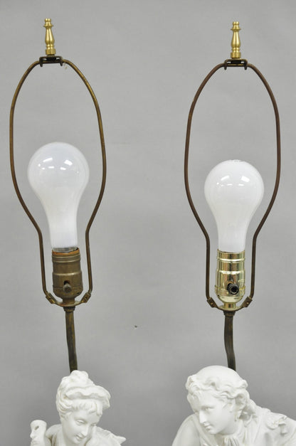 Victorian White Parian Porcelain Figural Bisque Man and Woman Table Lamps, Pair