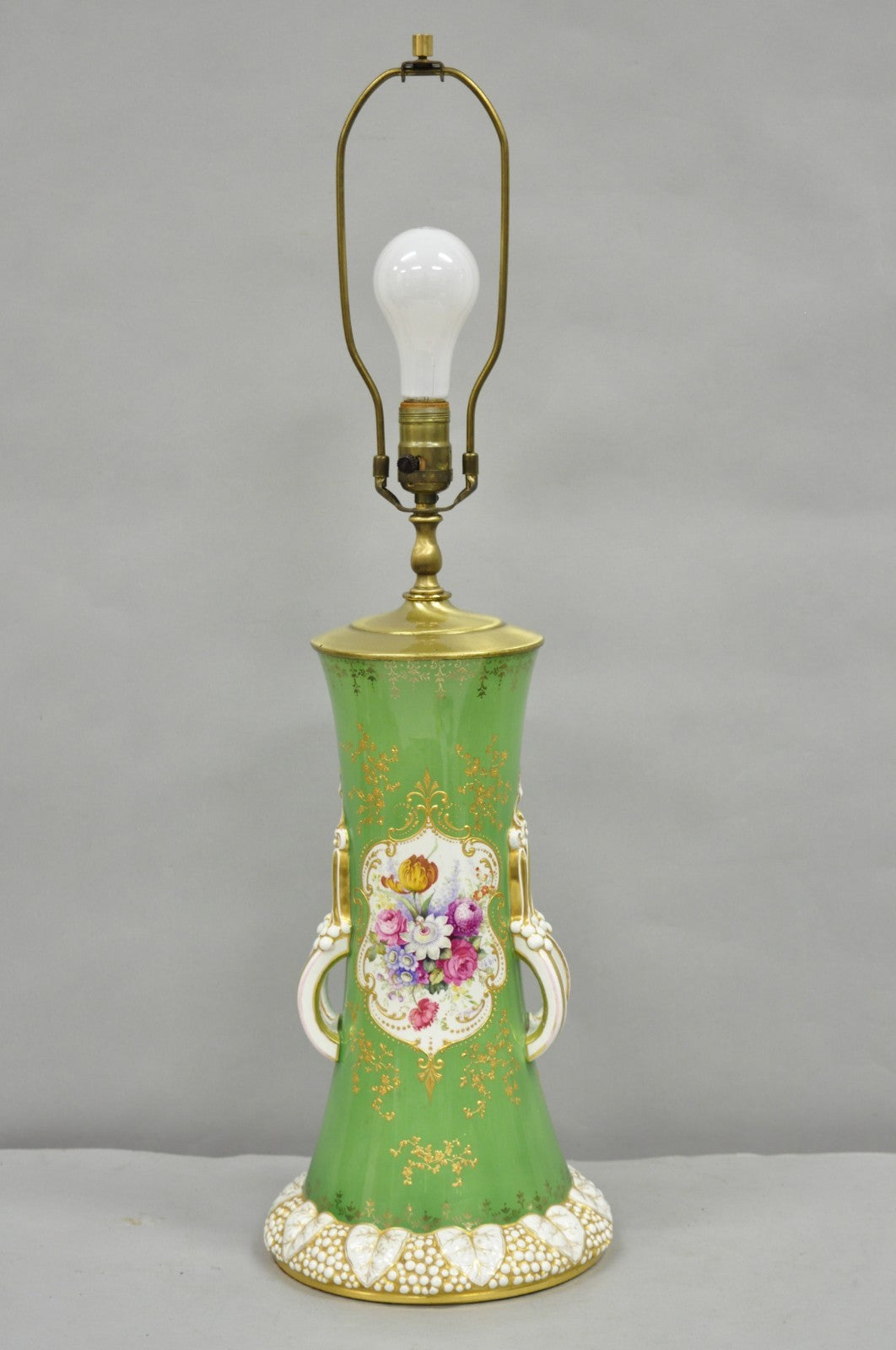 Antique Victorian Green Austrian Porcelain Hand Painted Flower French Table Lamp