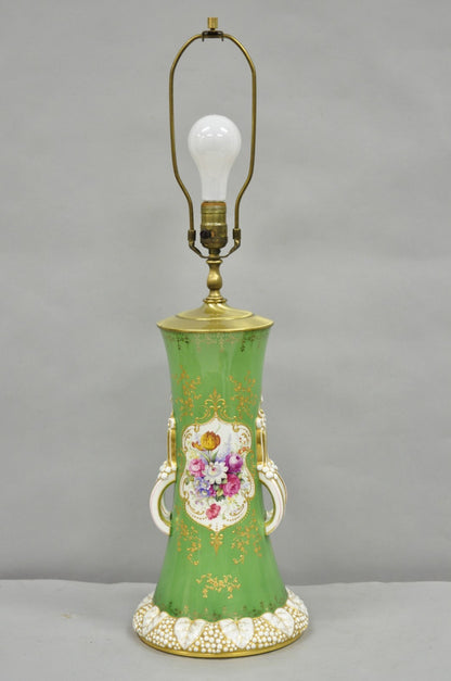 Antique Victorian Green Austrian Porcelain Hand Painted Flower French Table Lamp
