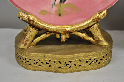 Antique Chinoiserie Pink Porcelain Round Vase Table Lamps w/ Birds - a Pair