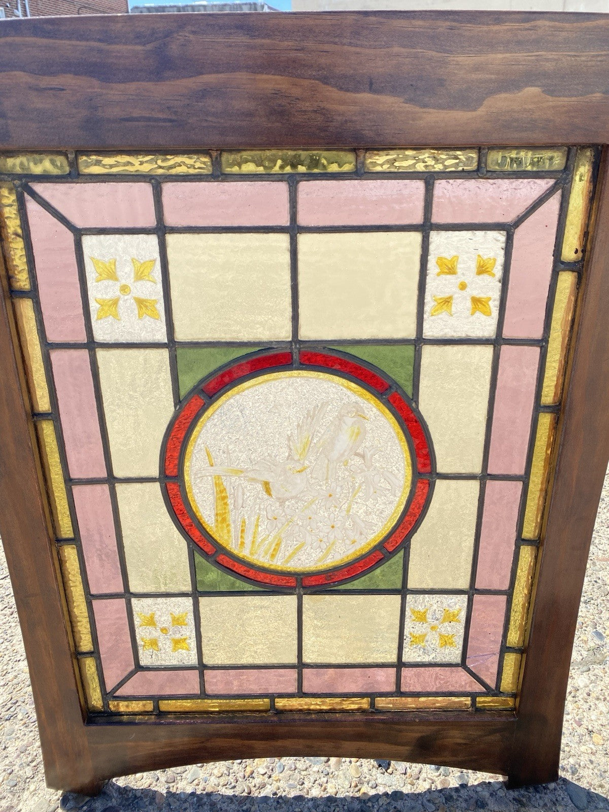 Antique French Art Nouveau Stained Leaded Glass Windows with Birds - a Pair