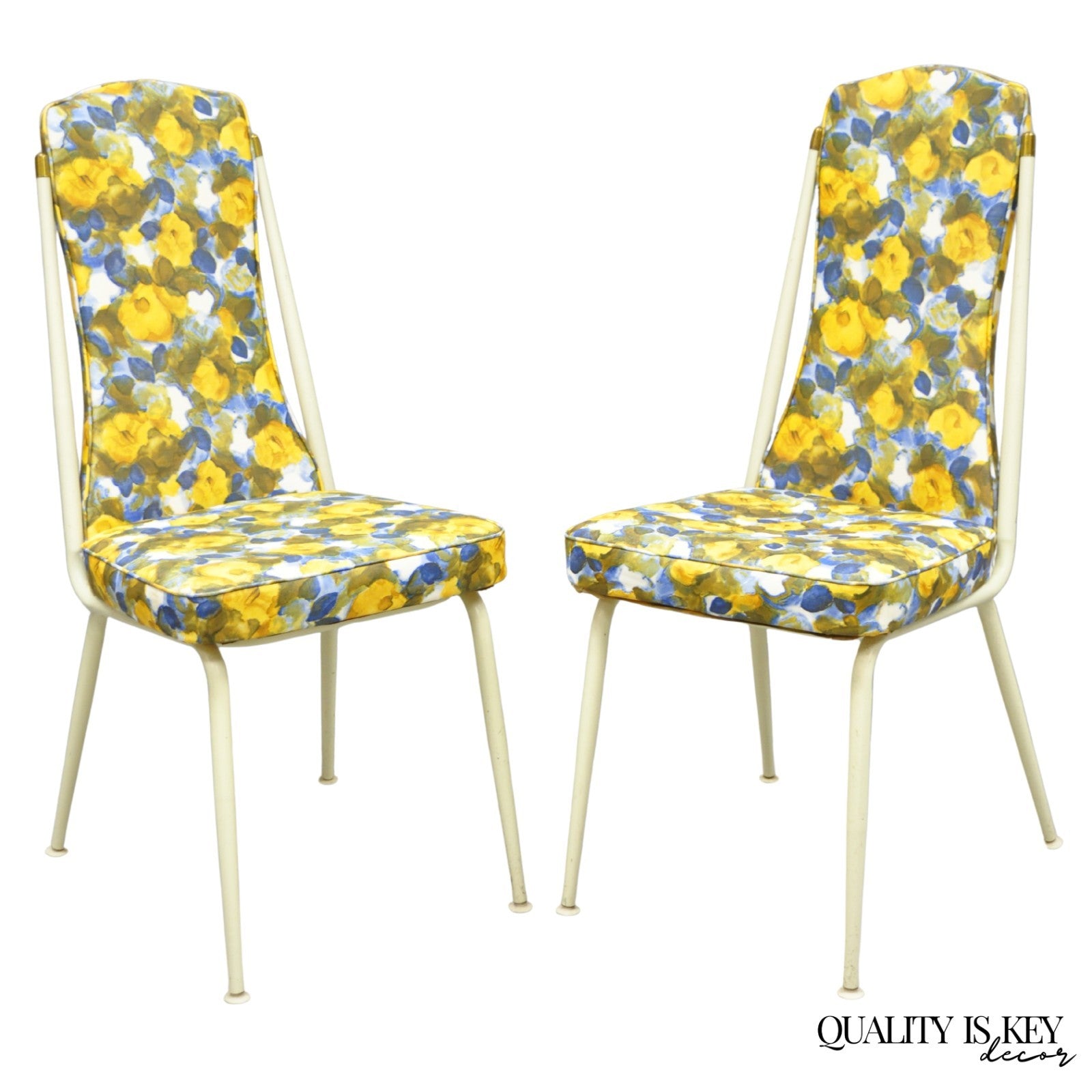 Vintage Retro Atomic Era Metal Kitchen Dining Chairs w/ Blue Yellow Flowers Pair
