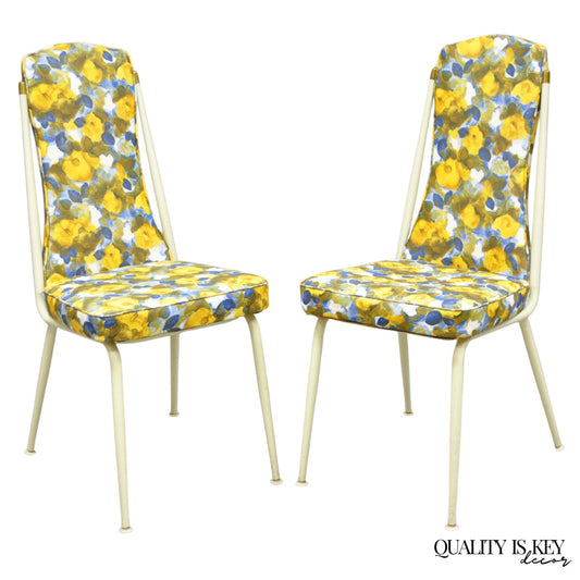 Vintage Retro Atomic Era Metal Kitchen Dining Chairs w/ Blue Yellow Flowers Pair