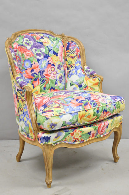 Vintage French Louis XV Country Provincial Floral Chintz Bergere Lounge Chair