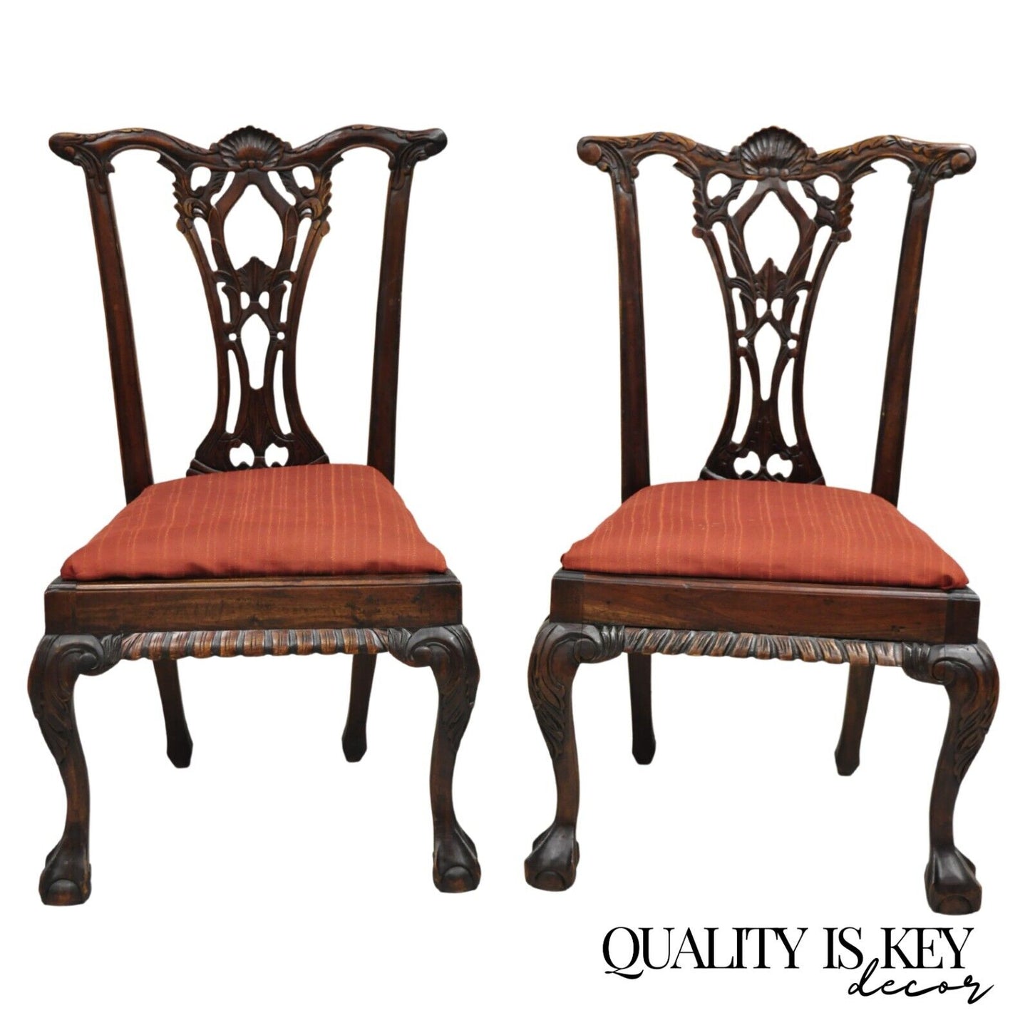 Chippendale Style Mahogany Carved Ball and Claw Dining Side Chairs - a Pair