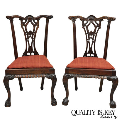 Chippendale Style Mahogany Carved Ball and Claw Dining Side Chairs - a Pair