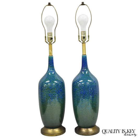 Mid Century Modern Blue & Green "Peacock" Glazed Ceramic Pottery Table Lamp Pair