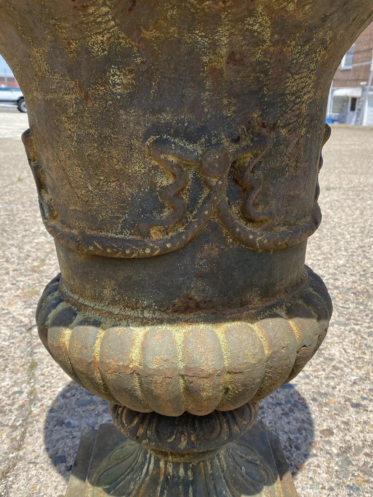 Vintage French Style Cast Iron 31"H Round Campana Urn Outdoor Garden Planter Pot