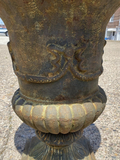 Vintage French Style Cast Iron 31"H Round Campana Urn Outdoor Garden Planter Pot