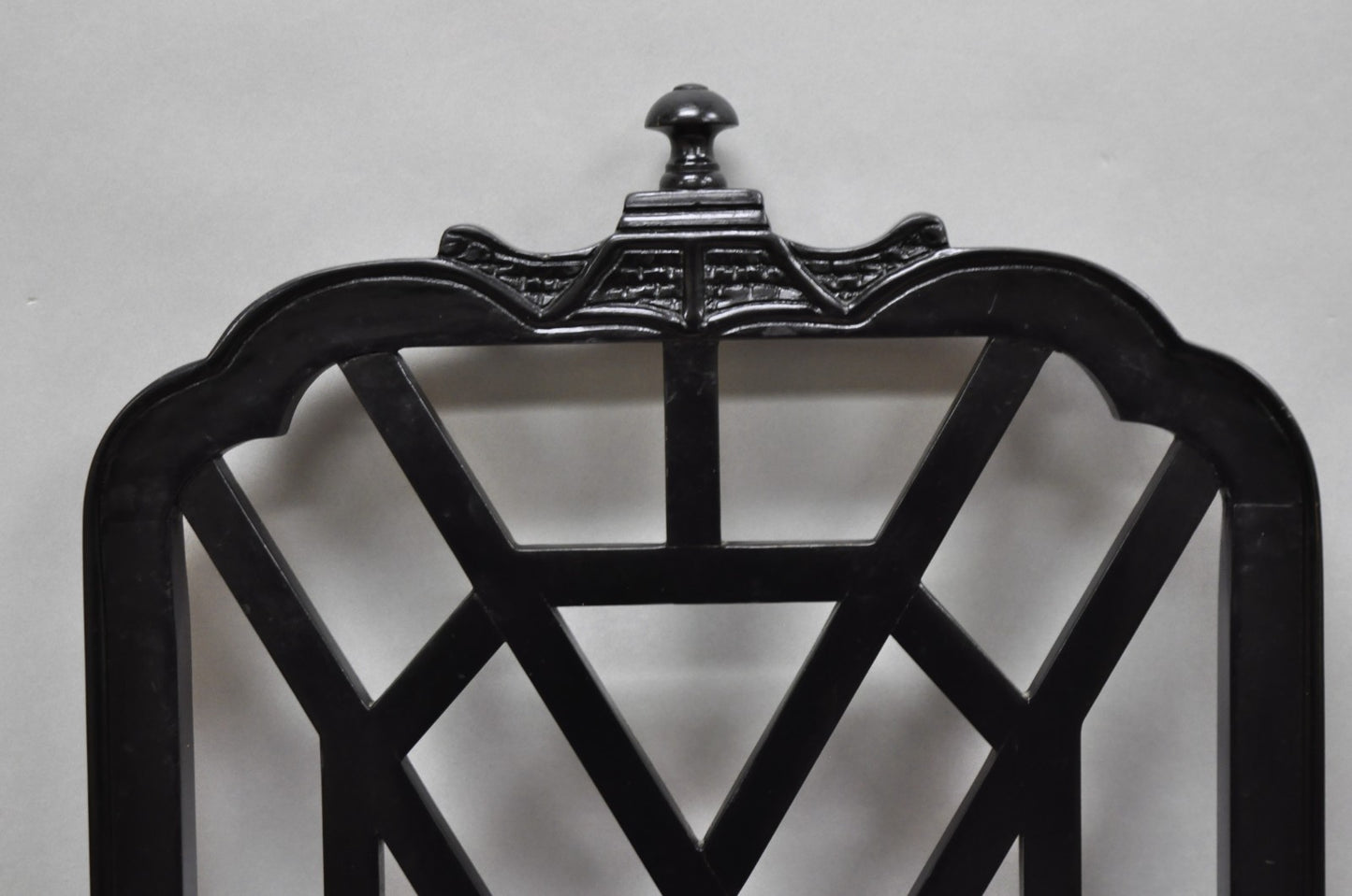 Vintage Chinese Chippendale Pagoda Fretwork Black Lacquer Dining Chair, Set of 4