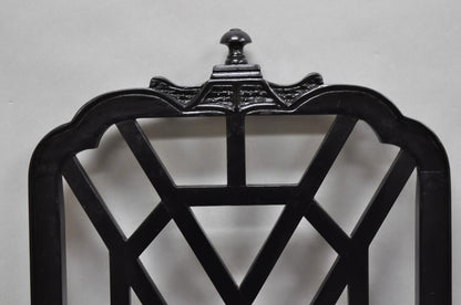 Vintage Chinese Chippendale Pagoda Fretwork Black Lacquer Dining Chair, Set of 4