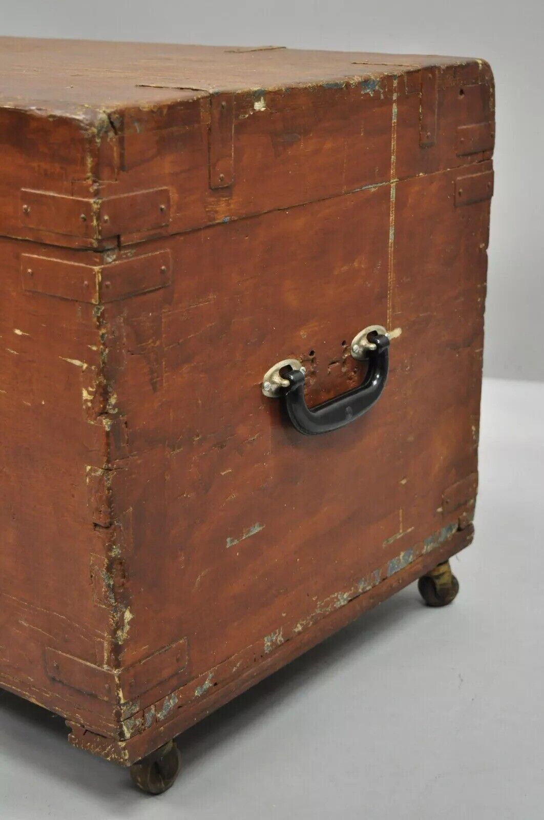 19th C Antique Brown Distress Painted Pine Wood Dovetailed Blanket Chest Trunk