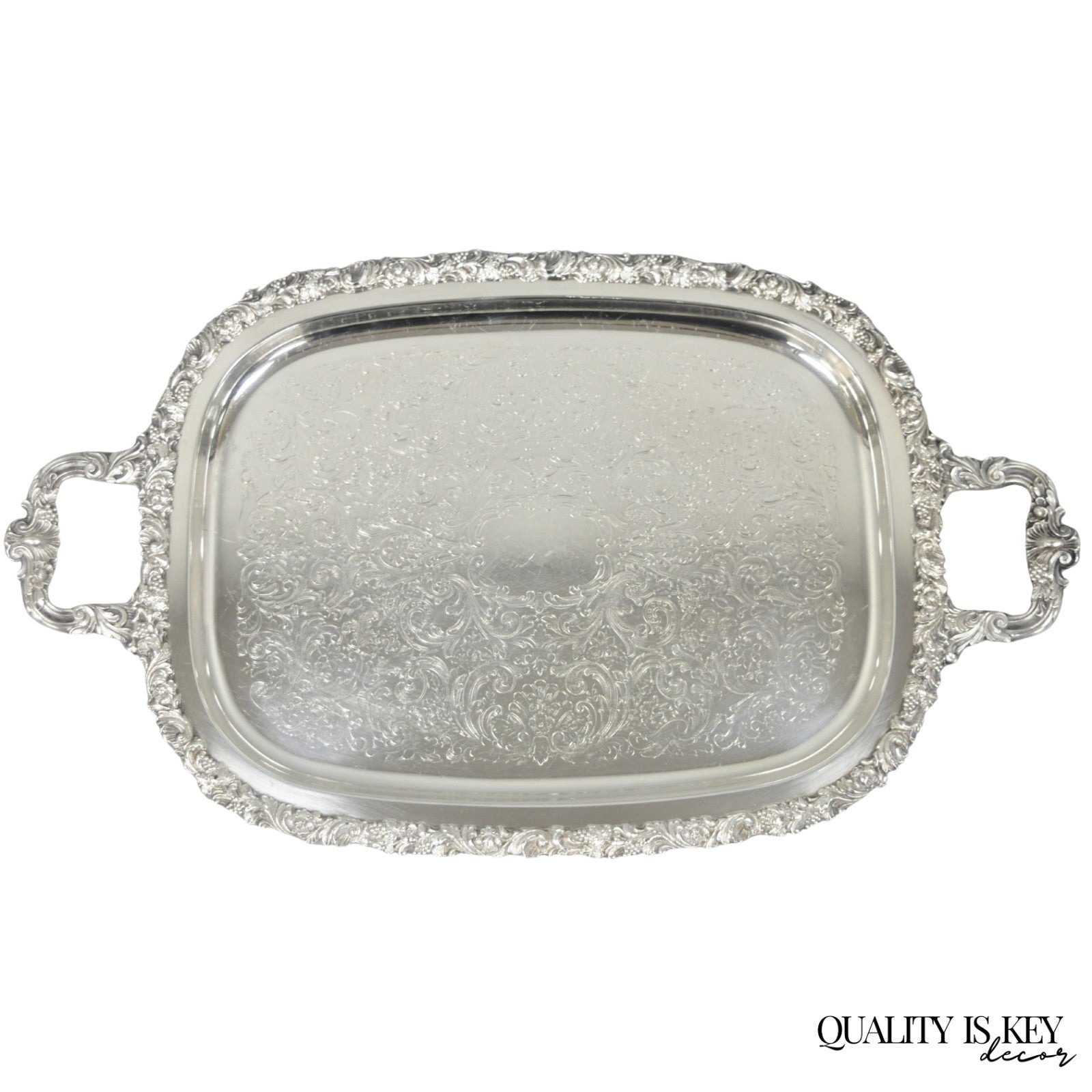 Vintage Gorham YC1466 Silver Plated Floral Repousse Bar Serving Tray w Handles