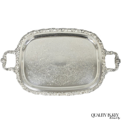Vintage Gorham YC1466 Silver Plated Floral Repousse Bar Serving Tray w Handles