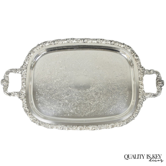 Vintage Gorham YC1466 Silver Plated Floral Repousse Bar Serving Tray w Handles