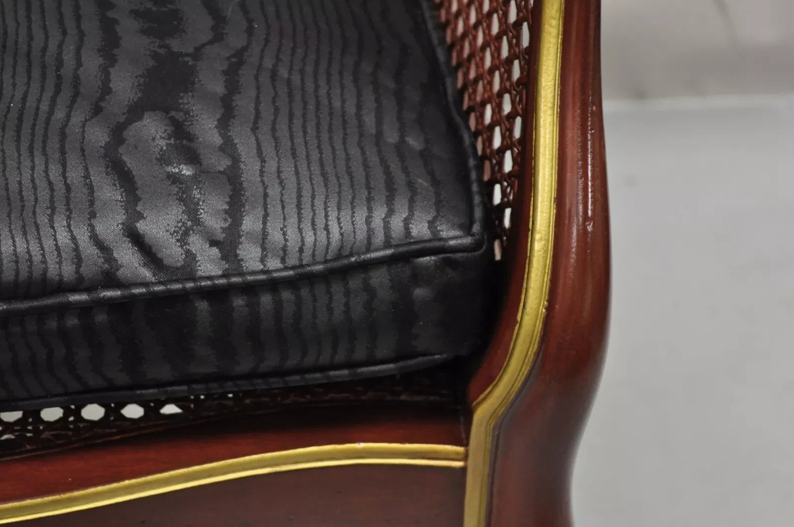 Vintage French Louis XV Style Red Lacquer & Gold Cane Bergere Lounge Club Chair