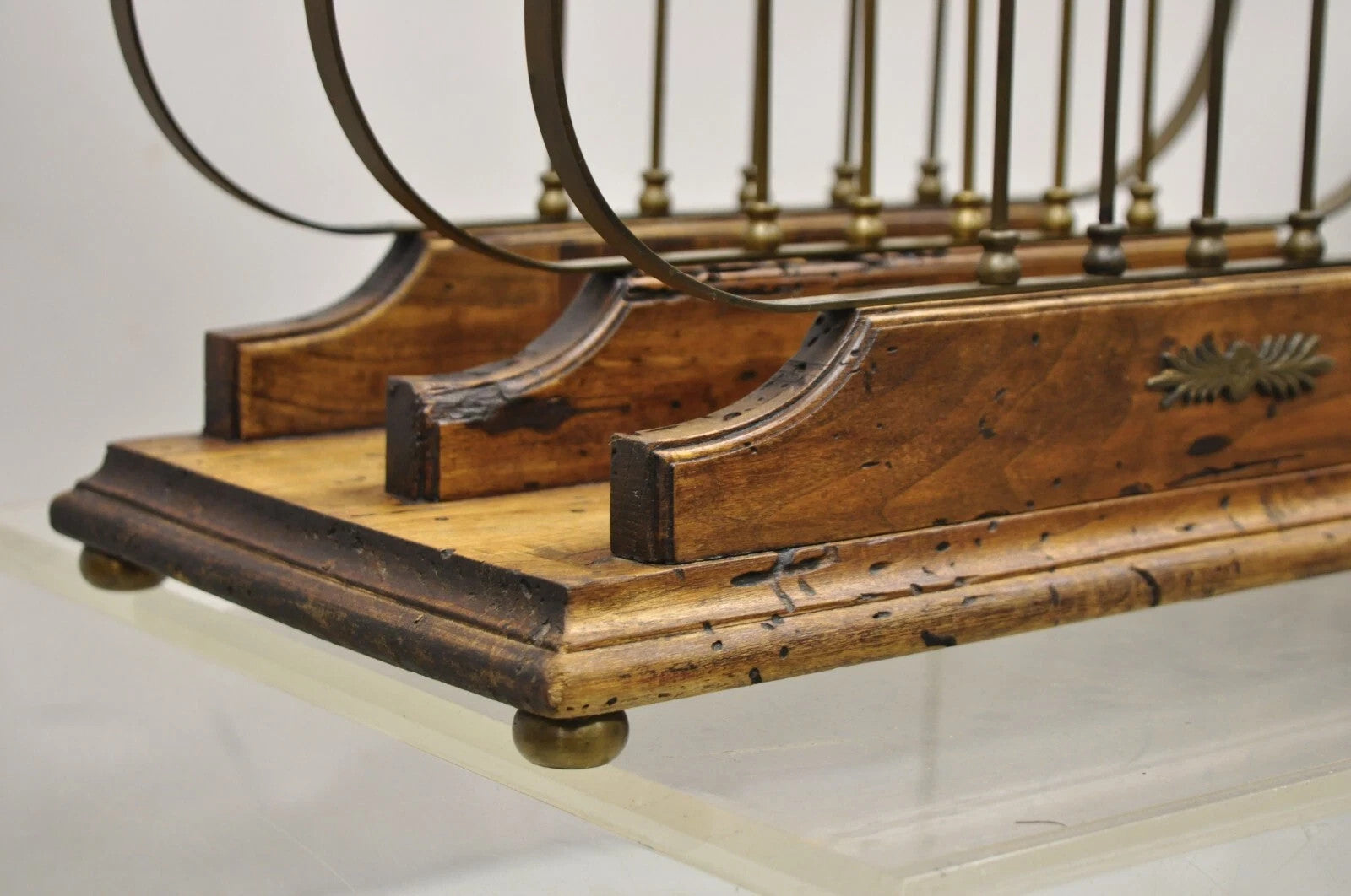 Vintage Italian Neoclassical Style Brass Lyre Harp Wooden Magazine Rack Stand